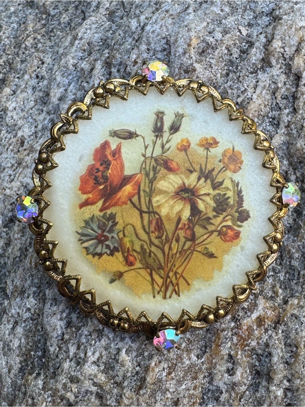 Made in Germany Gold Floral Round Brooch with Yellow & Red Wildflower Motif